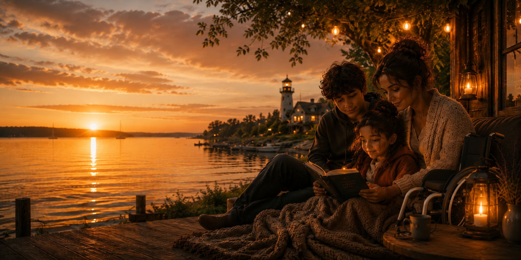 Familie sitzt gemeinsam am Wasser bei Sonnenuntergang und liest
